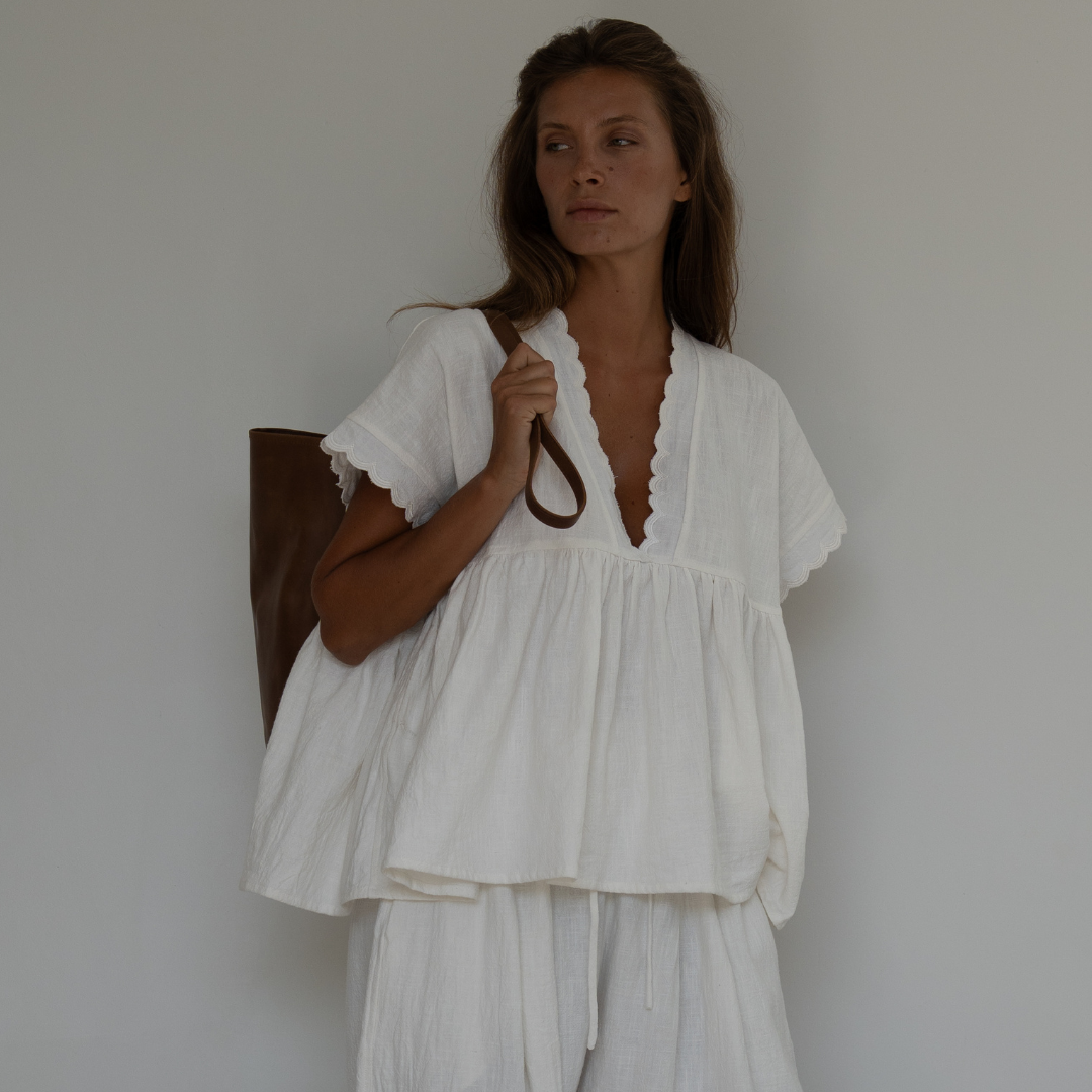 ONDINE - WHITE Scalloped Ramie Blouse
