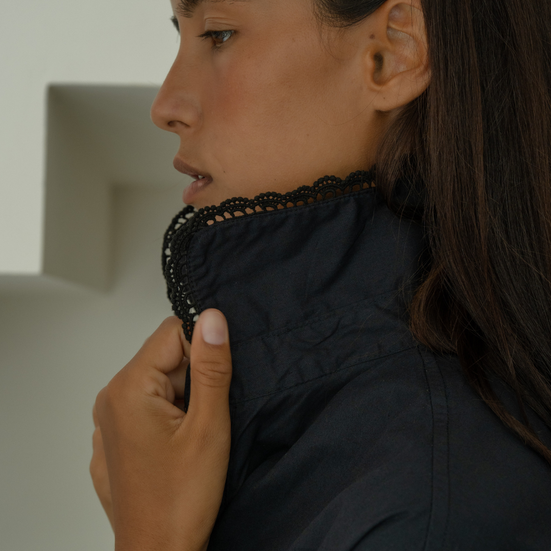 POPLIN - BLACK Lace Trim Shirt