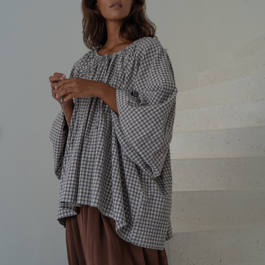 JOSIE - WISTERIA Linen Gingham Voluminous Blouse