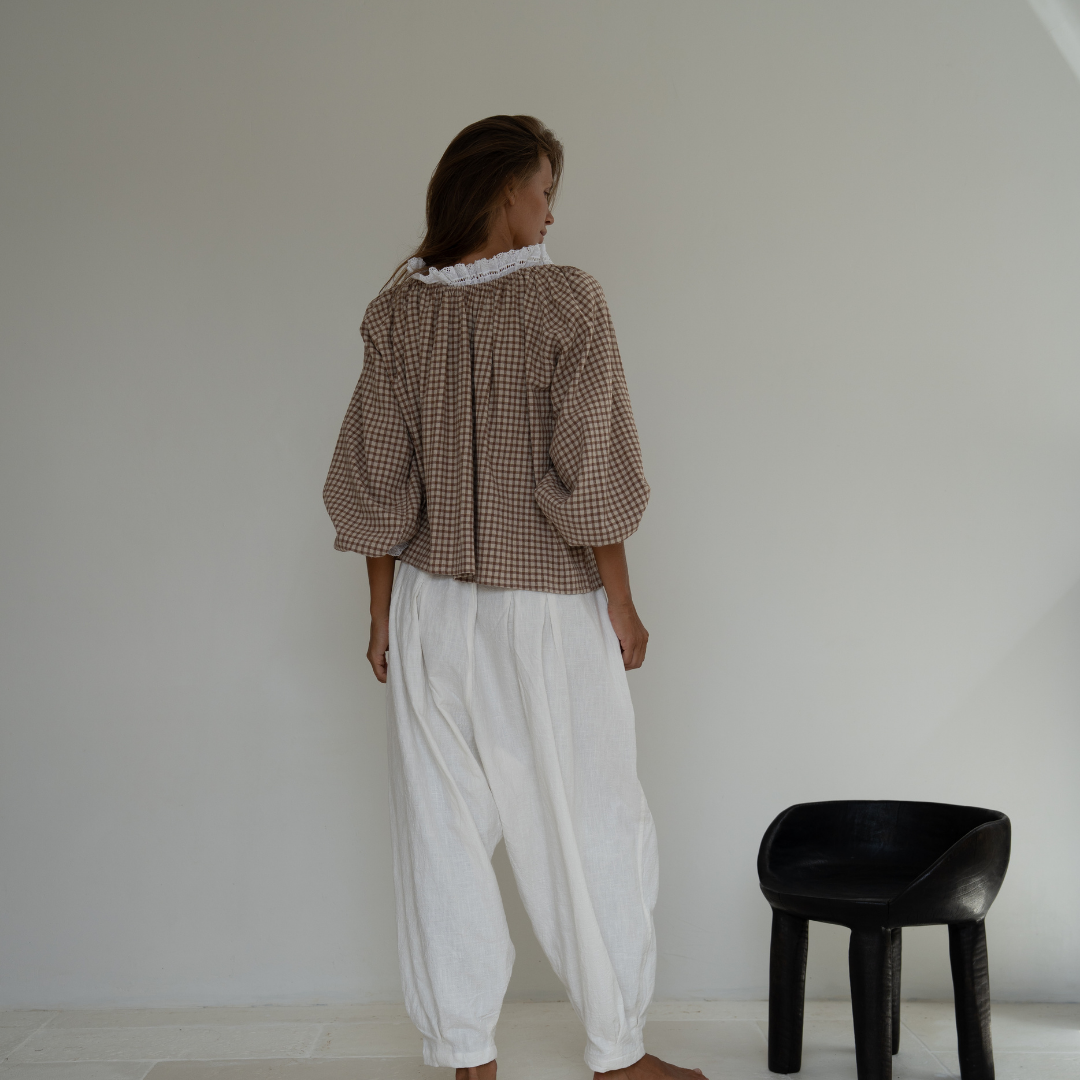 ESME - CINNAMON Gingham &amp; Lace Blouse