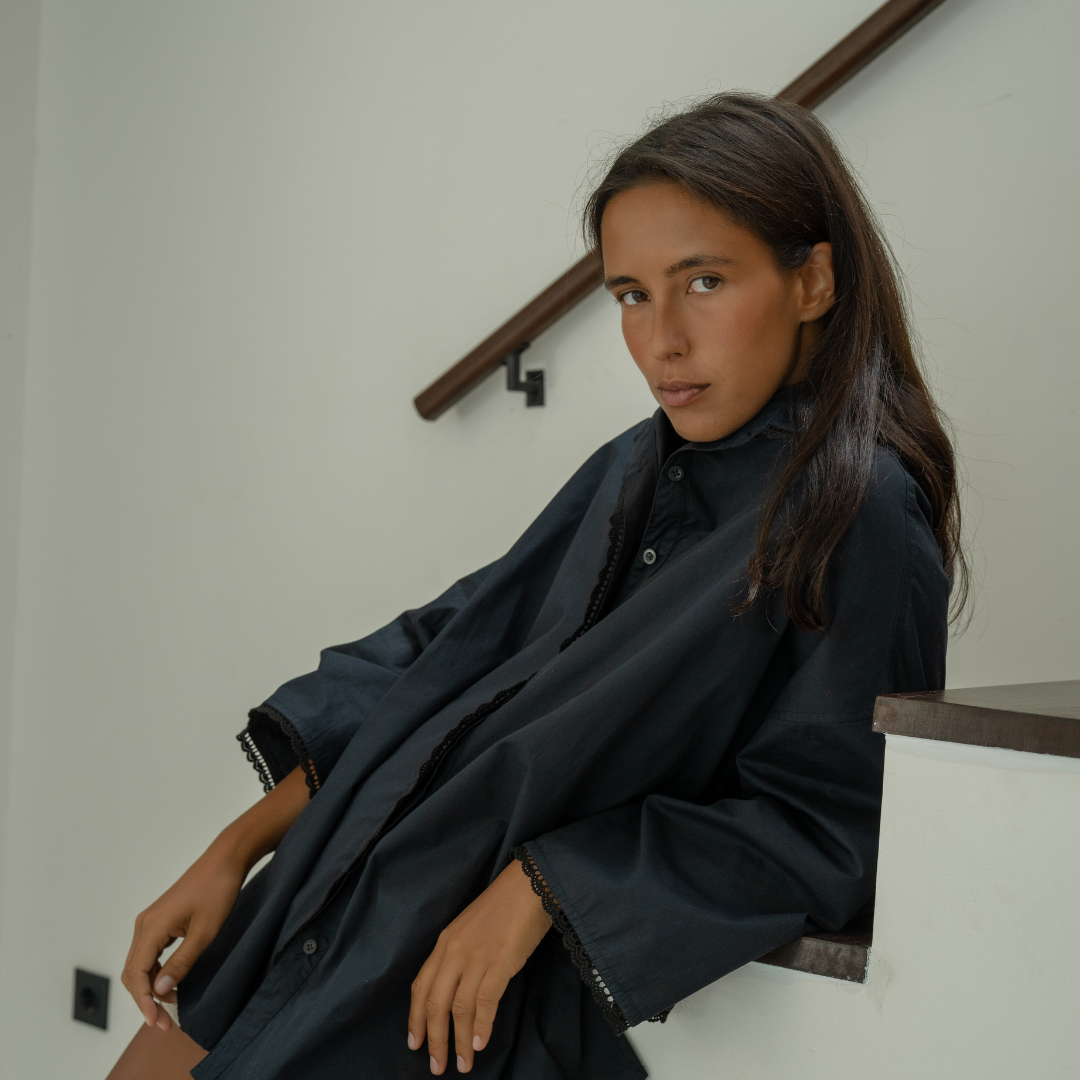 POPLIN - BLACK Lace Trim Shirt