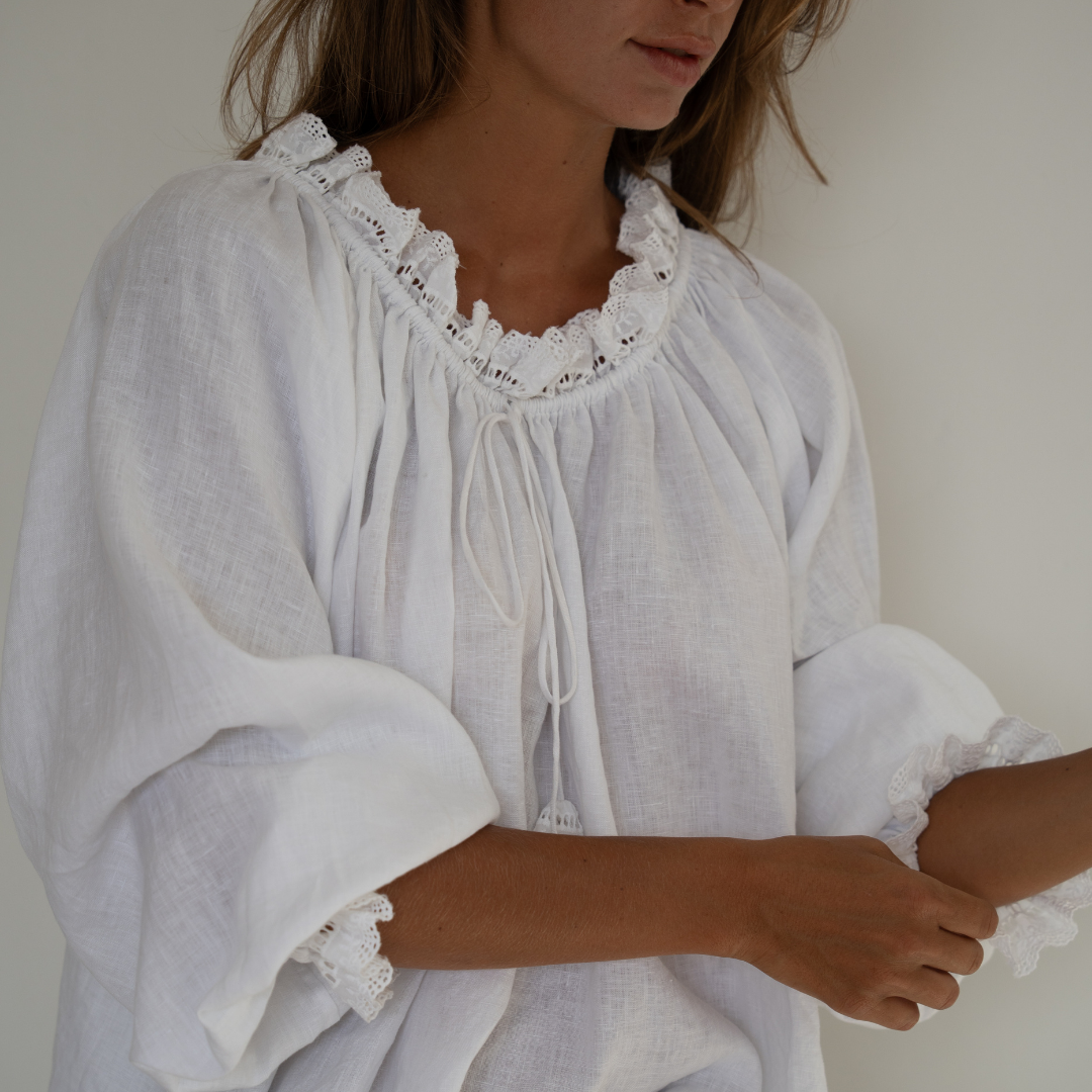 ESME - WHITE Linen &amp; Lace Blouse