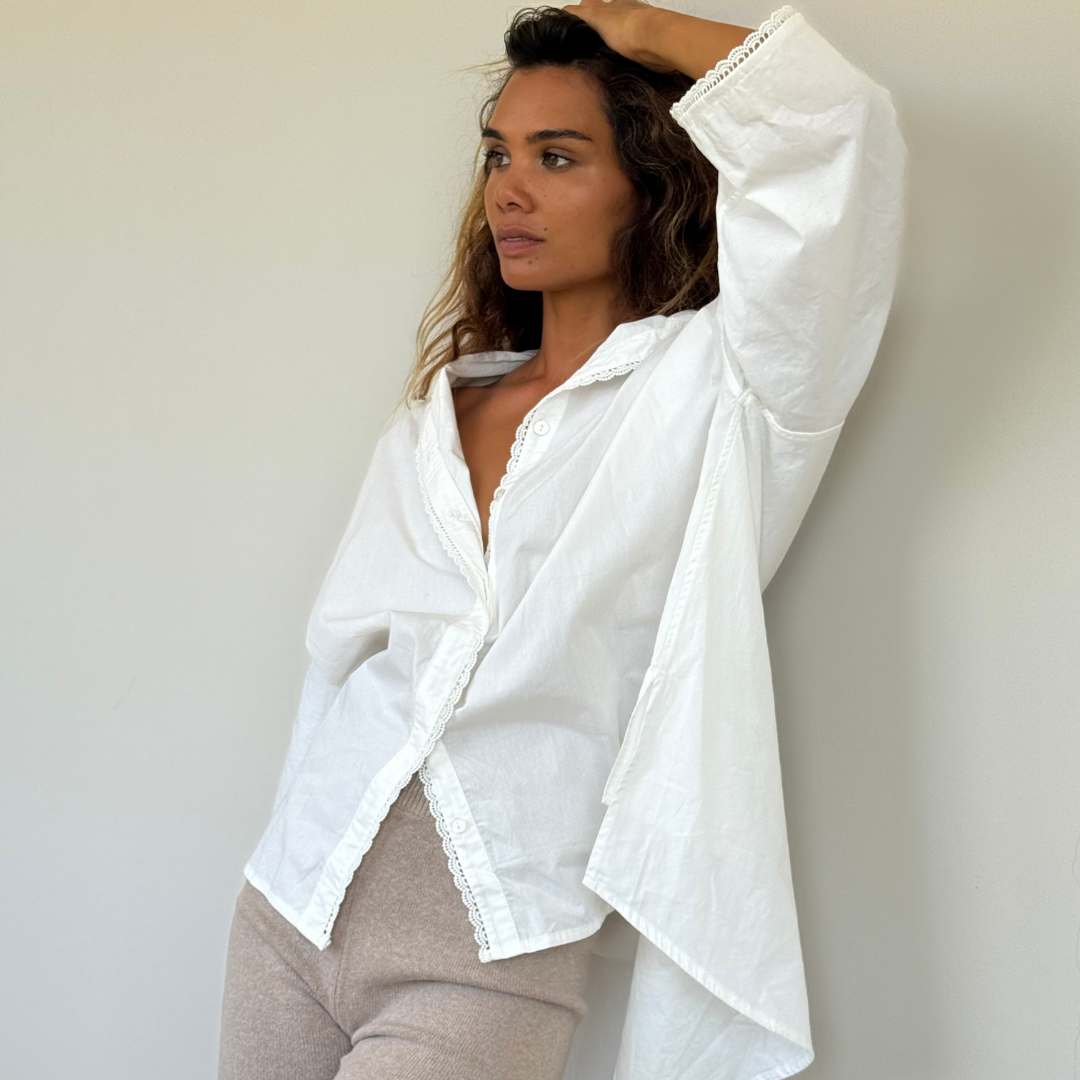 POPLIN - WHITE Lace Trim Shirt