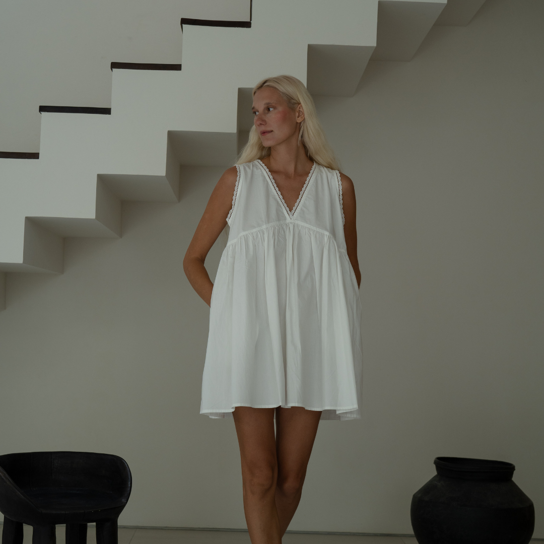 ELODIE - WHITE Lace Trimmed Poplin Mini Dress
