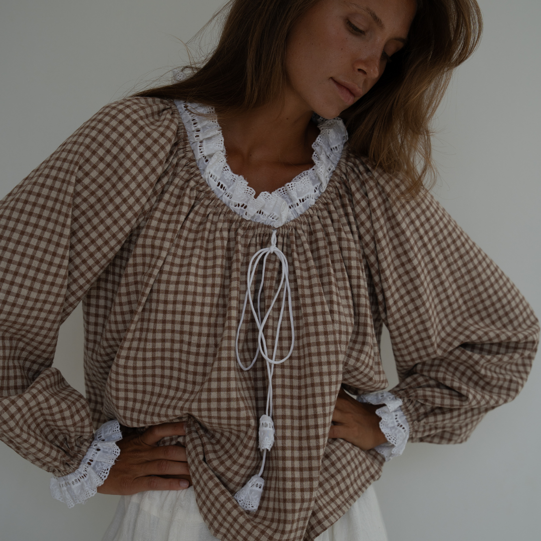 ESME - CINNAMON Gingham &amp; Lace Blouse