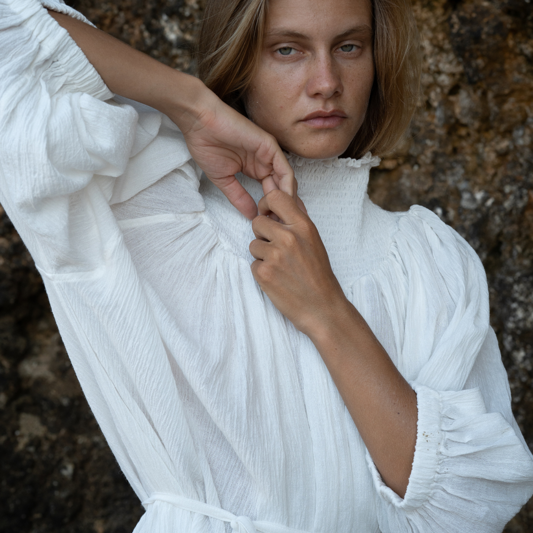 ELEANOR - WHITE Crinkle Linen Collared Maxi Dress