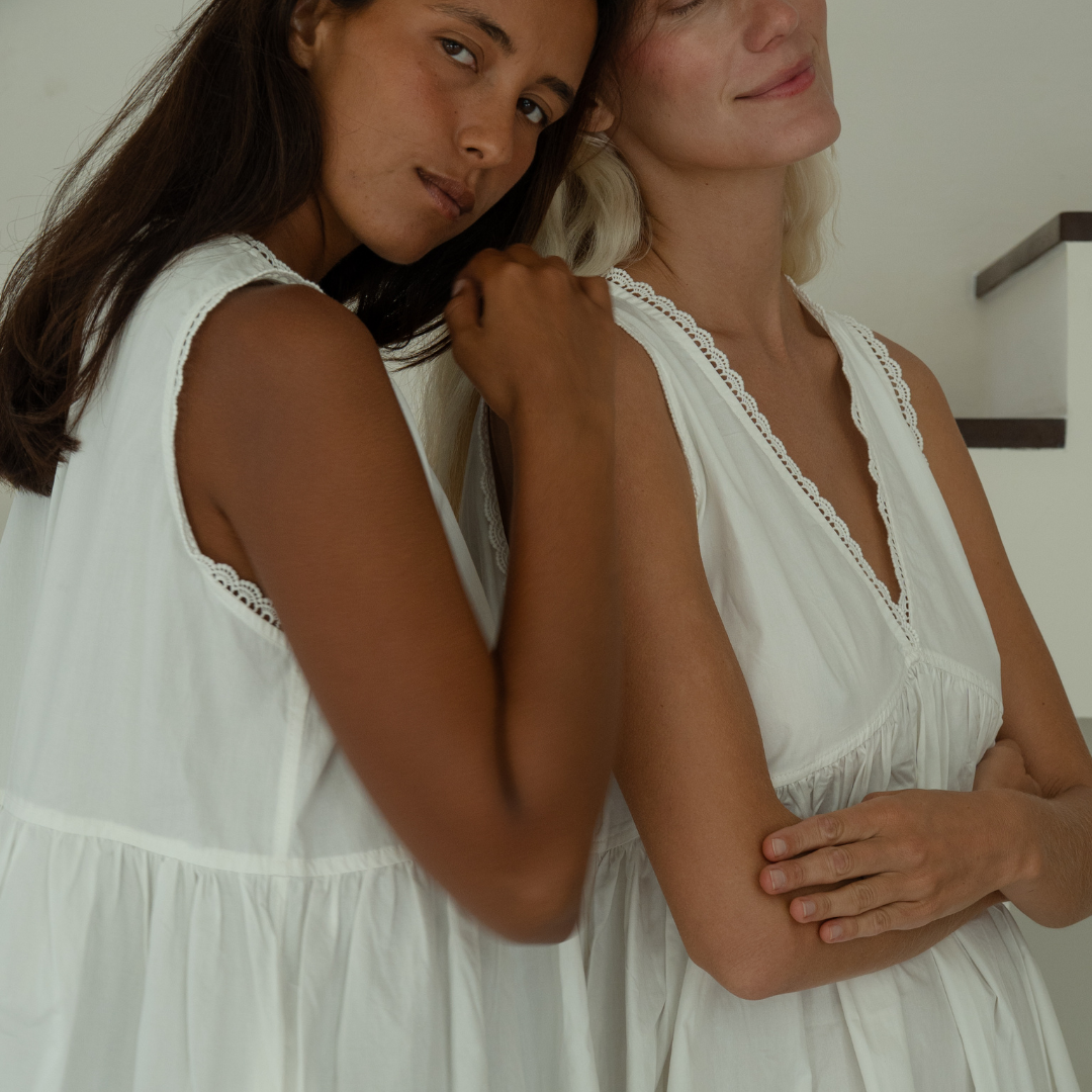 ELODIE - WHITE Lace Trimmed Poplin Mini Dress