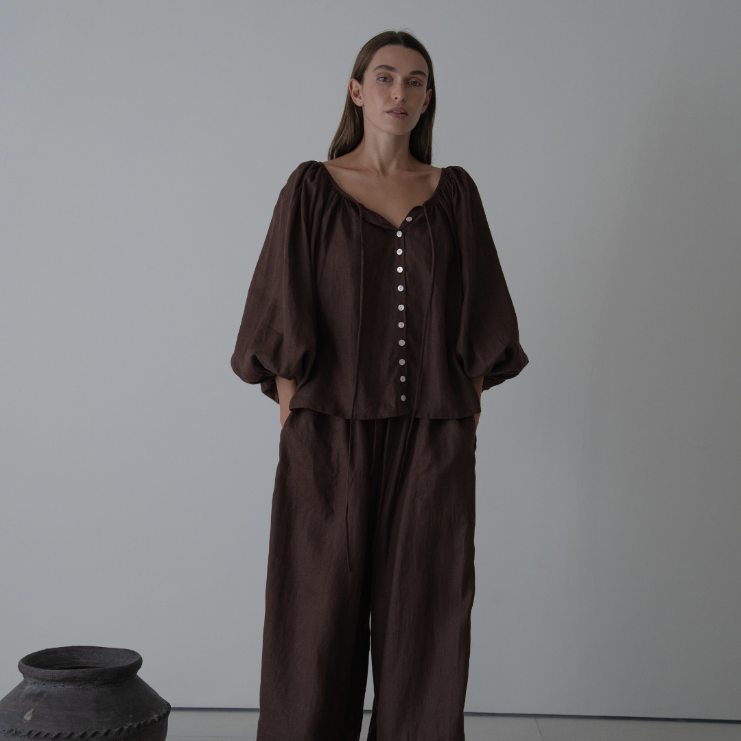 FAITH - Chocolate Linen Blouse