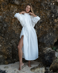 ELEANOR - WHITE Crinkle Linen Collared Maxi Dress