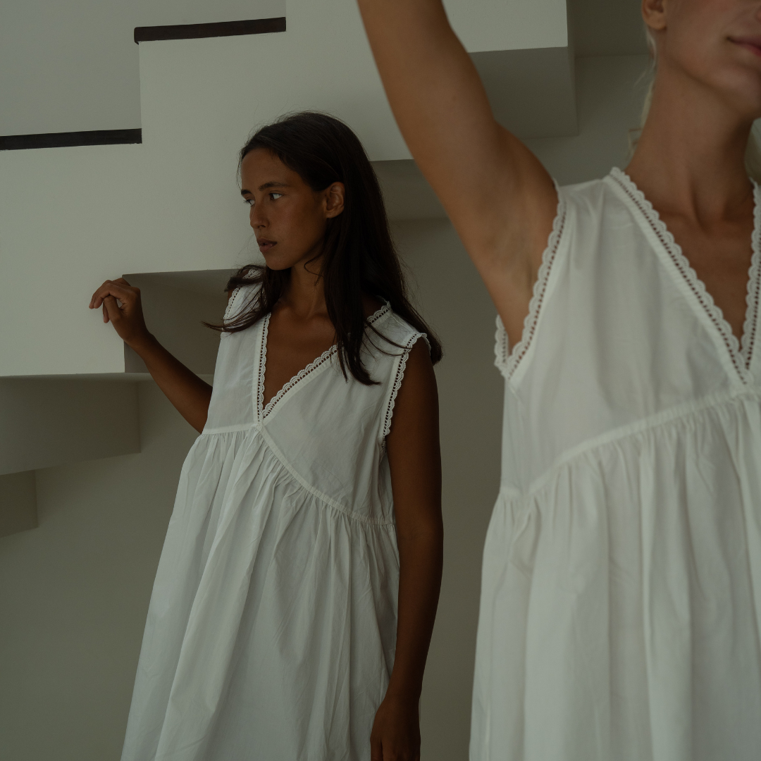 ELODIE - WHITE Lace Trimmed Poplin Mini Dress