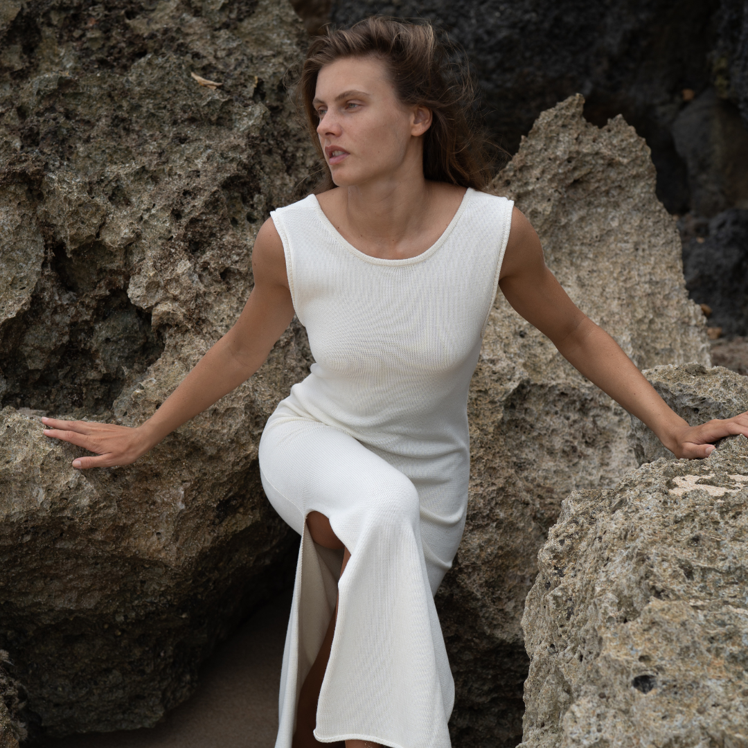 THEA - CREAM Scoop Back Knit Dress