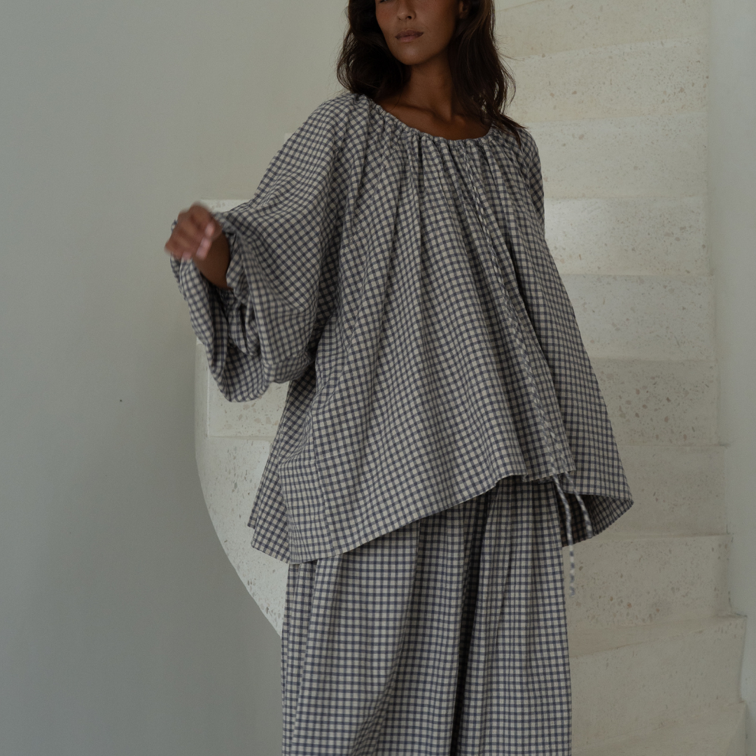 JOSIE - WISTERIA Linen Gingham Voluminous Blouse