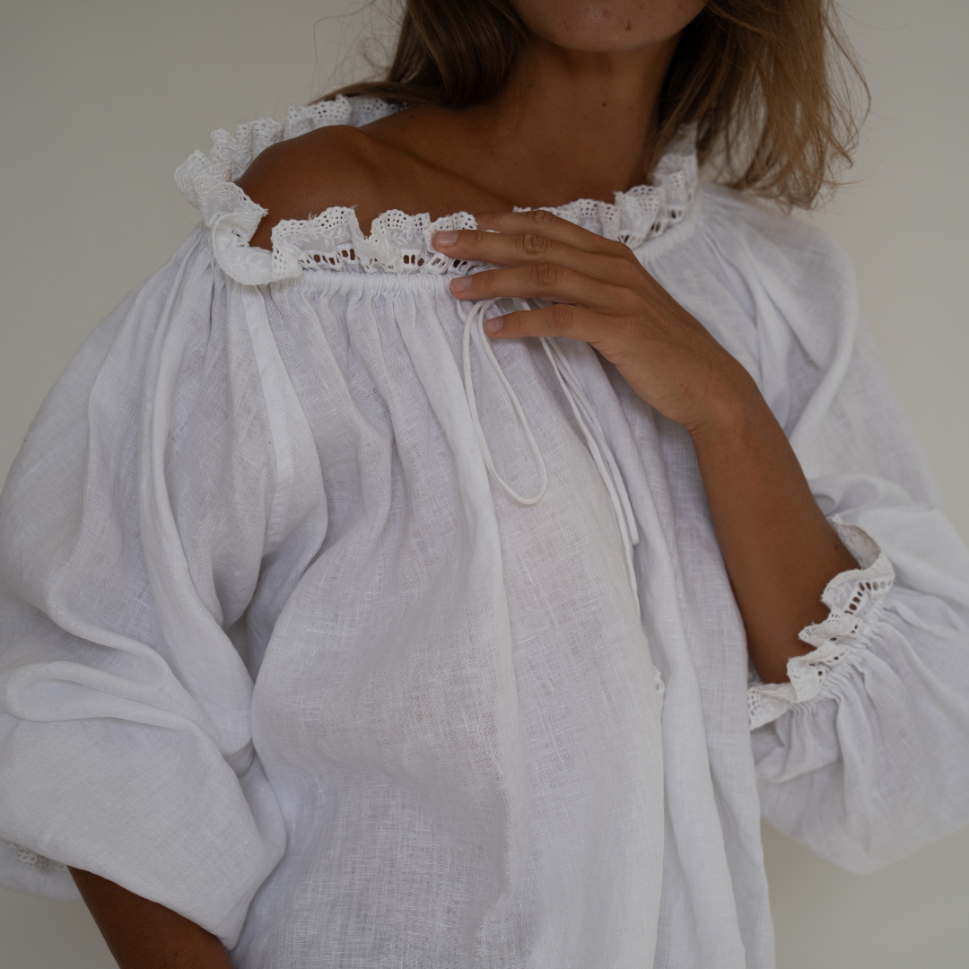 ESME - WHITE Linen &amp; Lace Blouse