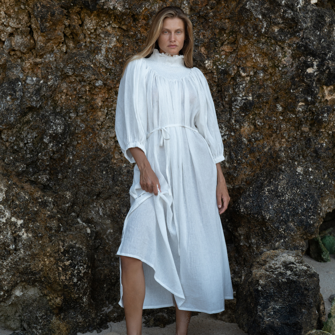 ELEANOR - WHITE Crinkle Linen Collared Maxi Dress