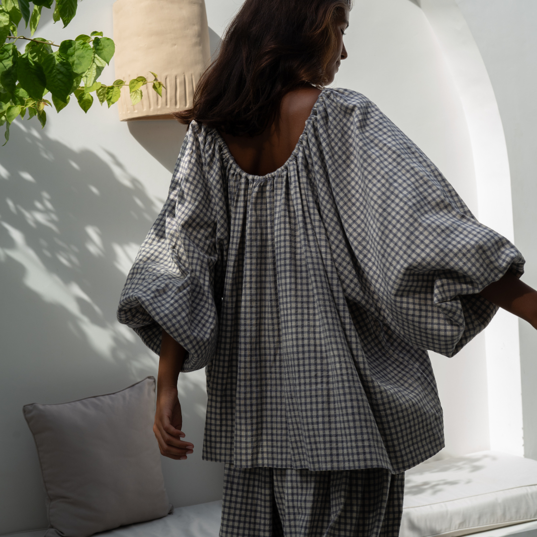 JOSIE - WISTERIA Linen Gingham Voluminous Blouse