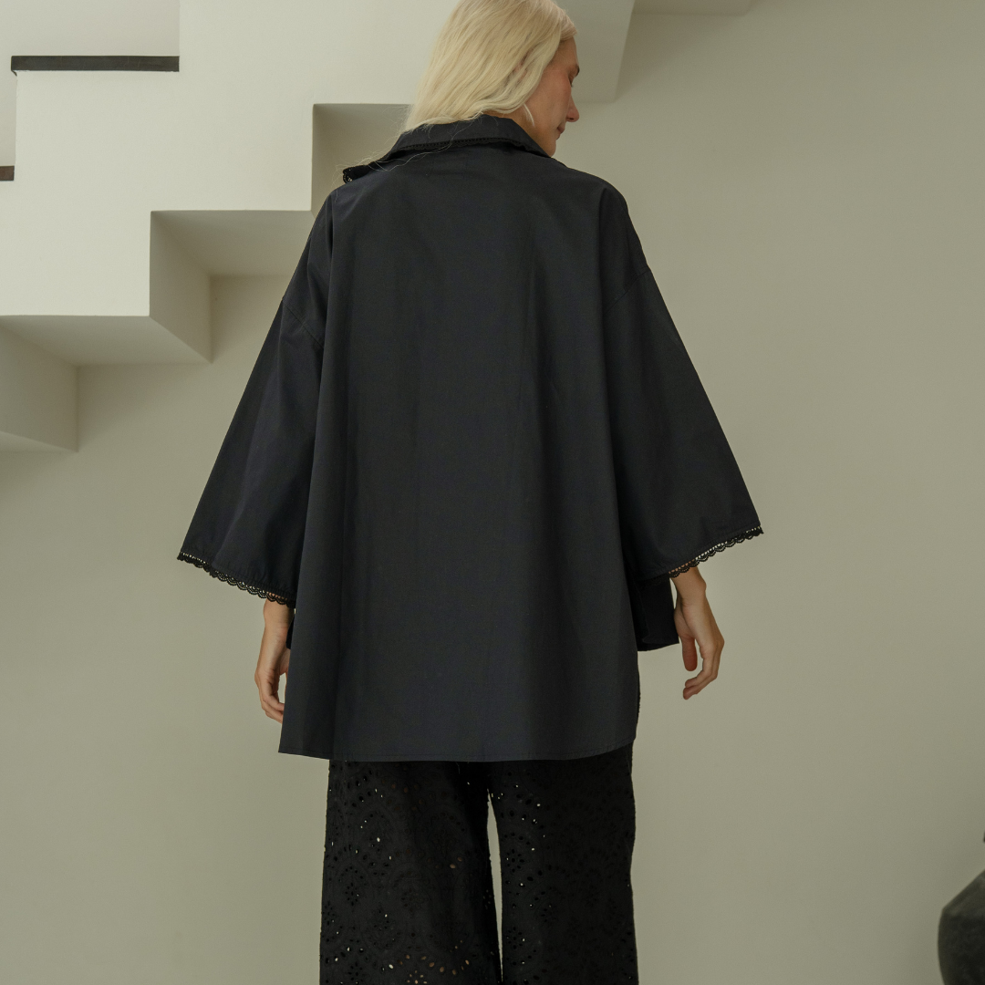 POPLIN - BLACK Lace Trim Shirt