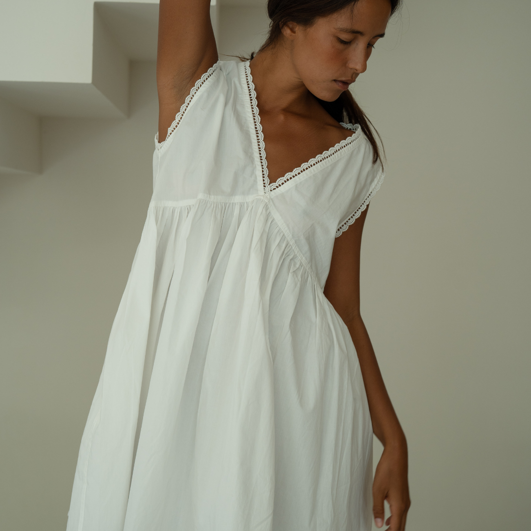 ELODIE - WHITE Lace Trimmed Poplin Mini Dress