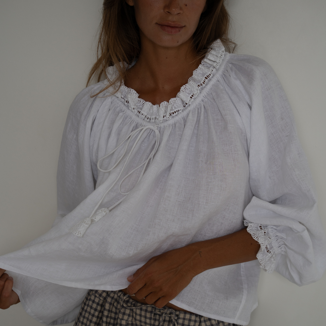 ESME - WHITE Linen &amp; Lace Blouse