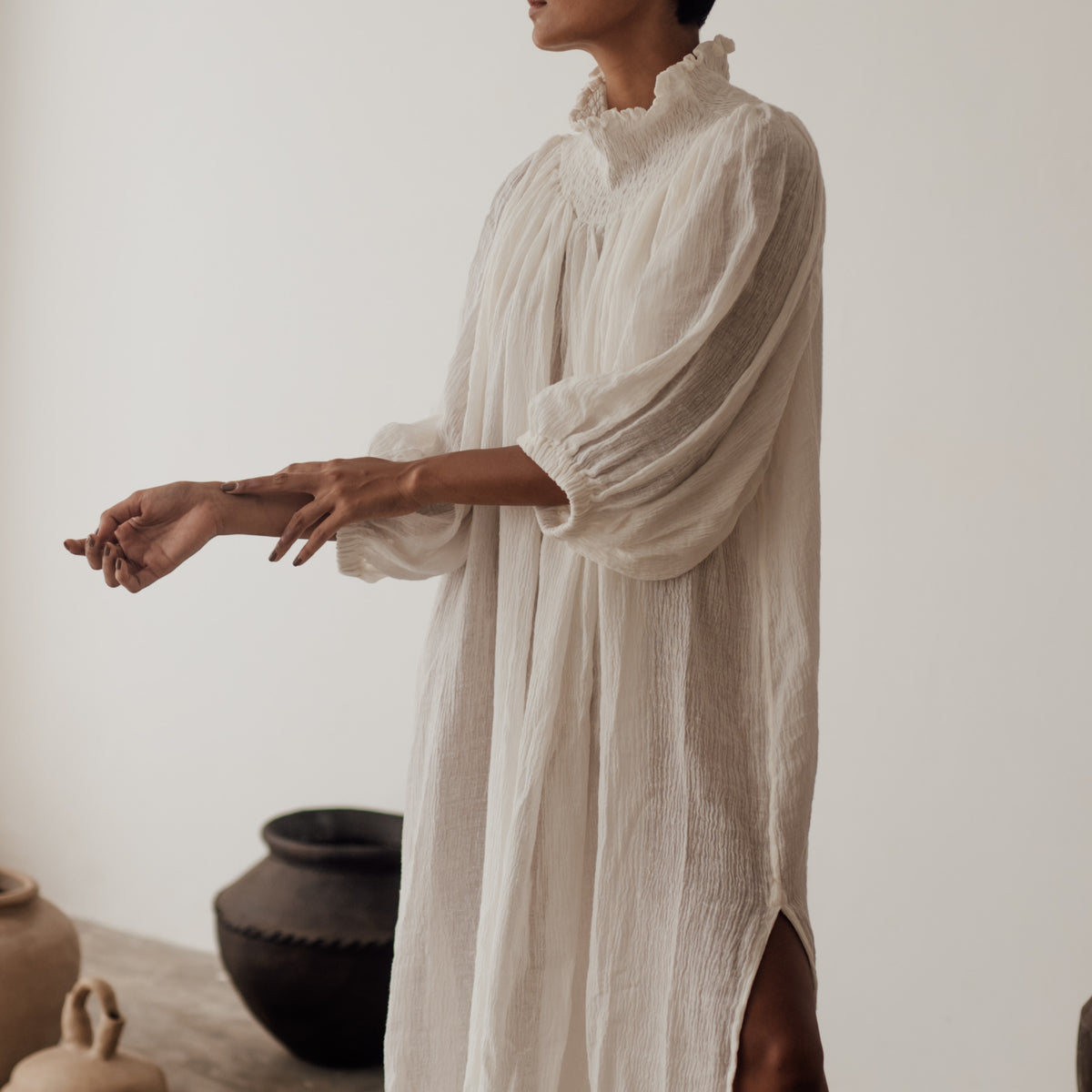 ELEANOR - WHITE Crinkle Linen Collared Maxi Dress